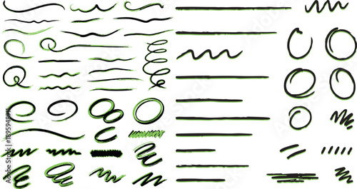 Set of Hand-Drawn Underline Strokes and Highlight Marks with Rough Brush Texture, Neon Marker Style in Black Outline Vector Isolated on White