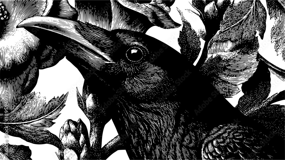 Naklejka premium Intricate vector illustration of a black raven or crow in profile, surrounded by detailed floral elements. High-contrast graphic engraving featuring expressive bird textures and botanical motifs.