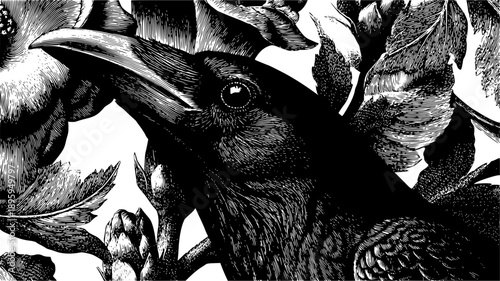Intricate vector illustration of a black raven or crow in profile, surrounded by detailed floral elements. High-contrast graphic engraving featuring expressive bird textures and botanical motifs.