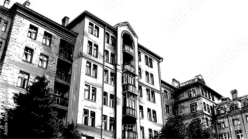 A high-contrast vector illustration of a grand historical European apartment building featuring classical balconies, arched windows, and textured stone facades.