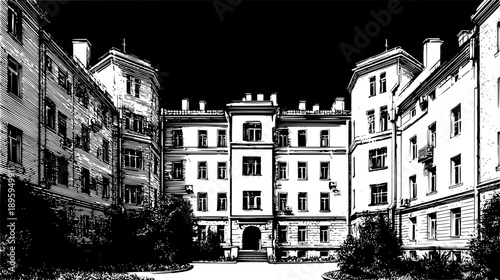 A high-contrast black-and-white architectural illustration of a historic apartment courtyard, featuring multiple building wings with rows of classic windows and surrounding greenery.