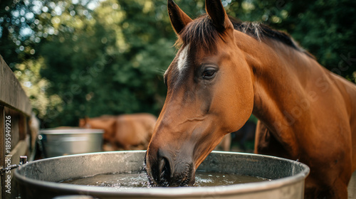 Horse drinking from metal bucket