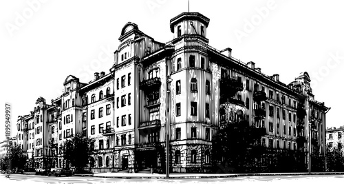 Detailed vector illustration of a grand European apartment building with classic architectural facades and a corner tower. Black and white graphic sketch of a historical city street corner.