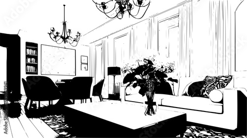 A high-contrast black-and-white architectural sketch of a modern, luxury living room featuring elegant chandeliers, a large sofa, and a central coffee table with a floral arrangement.