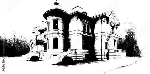 A high-contrast vector illustration of a grand classical mansion featuring a prominent corner turret with a dome and a wide, ornate staircase entry.