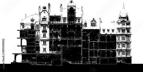 A high-contrast black-and-white architectural silhouette of a large, ornate Victorian-style building featuring intricate gables, multiple chimneys, and a prominent decorative tower.