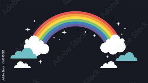 Vibrant rainbow arches across a dark starry sky flanked by soft white and teal clouds for a magical nighttime scene.