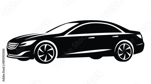Black silhouette of a modern luxury car with sleek design on white background