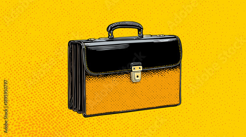 Graphic image of a briefcase with black top and orange bottom on a dotted yellow background