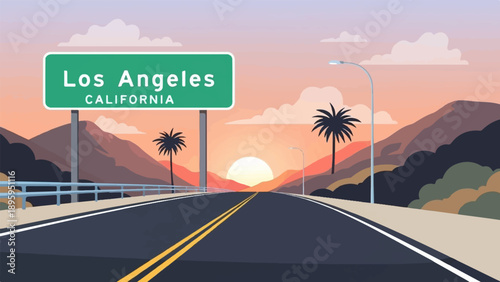 Pixel art freeway sign for Los Angeles, California with palm trees