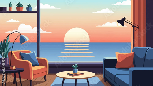Pixel art interior with ocean sunset view