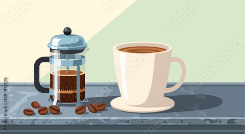 Pixel art of a French press with coffee beans and a cup of coffee