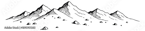 Hand drawn line art illustration of a mountain range depicting rugged peaks with scattered rocks for outdoor adventure designs