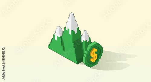 Pixelated green mountains capped with white snow next to a gold dollar sign