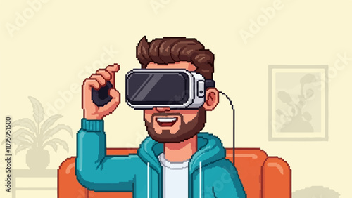 Pixel art of man in VR headset exploring a digital world from couch
