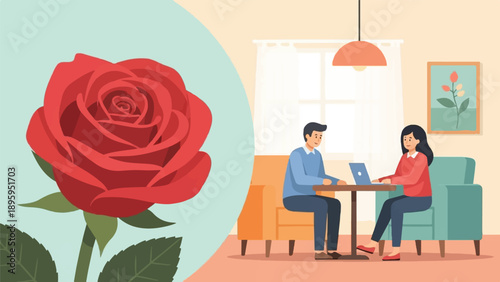 Red rose and couple working on laptop in room