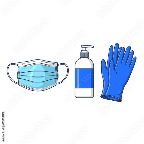 Illustration of essential personal protective equipment including a face mask, hand sanitizer, and gloves for hygiene.