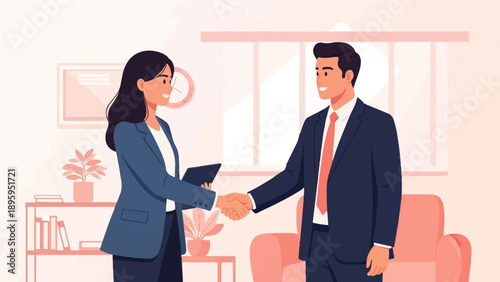 Professionals in suits shake hands in a modern office setting, closing a deal