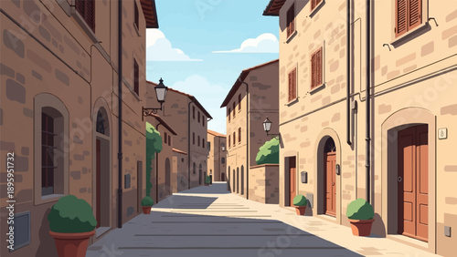 Pixel art scene of a narrow cobblestone street in a sunlit historic European town