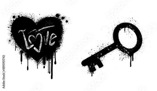 Graffiti heart with love text and key spray paint urban stencil