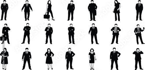 Assortment of Business People Silhouettes in Professional Attire and Poses on White Background Keywords: business people, silhouettes, professionals, men, women, suits