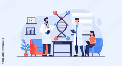 Scientists study DNA model in office with patient