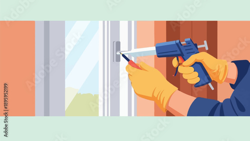 Sealing a window frame with a caulk gun and yellow gloves