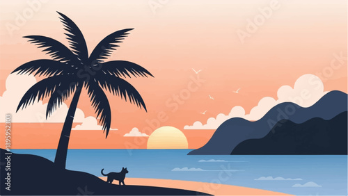 Silhouette of a cat and palm tree against a sunset ocean landscape