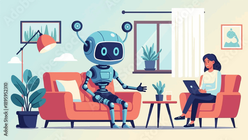 Robot and woman interacting in a modern living room setting