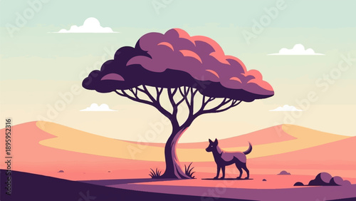 Silhouette of a dog standing under a tree in a stylized desert landscape