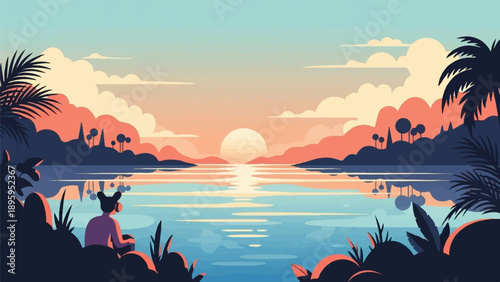 Silhouette of a person watching a sunset over a tranquil tropical lake