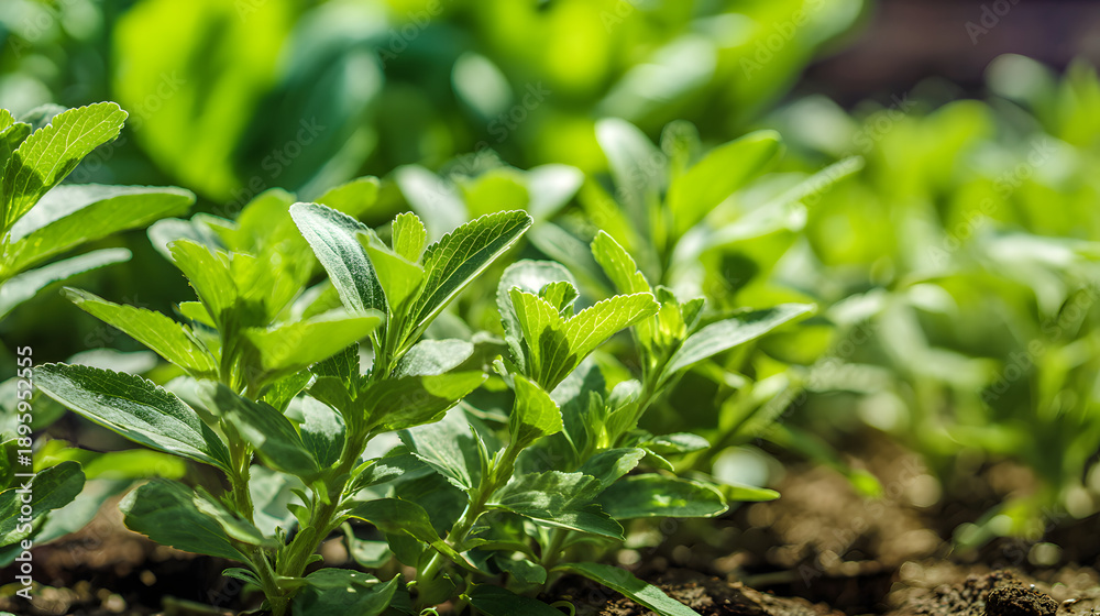 Fototapeta premium stevia. Cluster of vibrant green stevia plants in sunlight. gardening catalogs, home-decor guides, designed for home decor and floral branding and gardening and botanical catalogs, celebrates nature.
