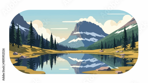 Serene mountain lake reflects trees, peaks, and sky in flat art