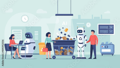 Robots and people collaborating in a modern AI-driven workplace environment