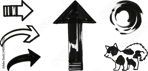 Simple, hand-drawn graphic elements including arrows, a swirl, and a spotted animal