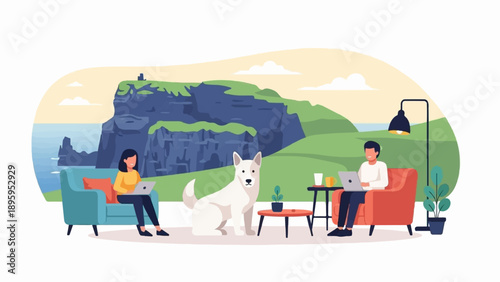 Remote work with a dog amidst scenic ocean cliffs and rolling hills