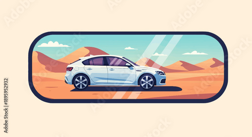 Pixelated white sedan traverses desert dunes under a bright sky