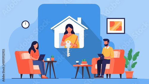 Remote work team collaborates on housing project, woman holds key