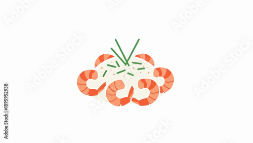 Simple illustration of a creamy dish adorned with shrimp and herbs