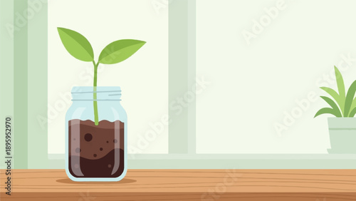 Simple illustration of a small seedling growing in a glass jar on a wooden surface