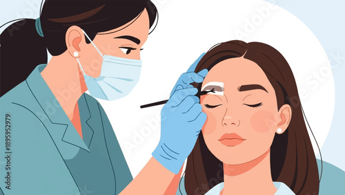 Stylized illustration of a beautician applying makeup to a client's eyebrows