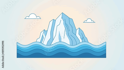 Stylized iceberg with layered blue water and sky with clouds