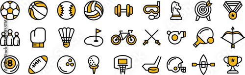 Sport Equipment and Games Outline Icons Collection Vector Graphic for UI UX Projects