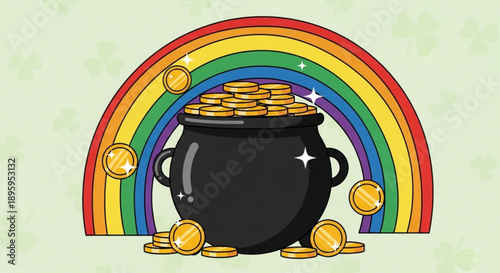 Black cauldron filled with gold coins under a vibrant rainbow symbolizing good fortune and luck