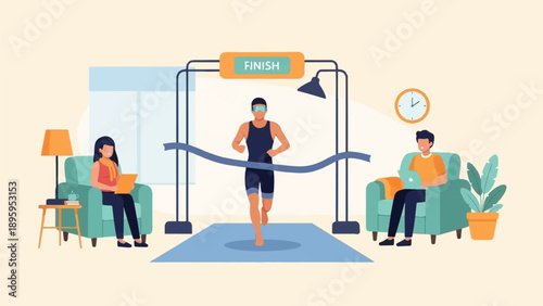 Runner crosses finish line while people work from home