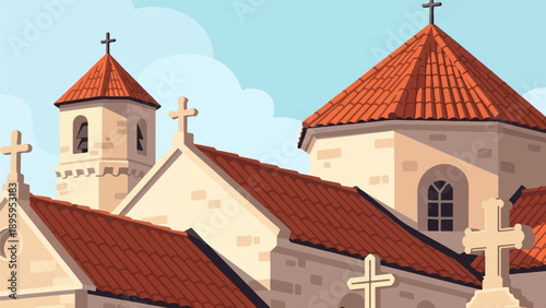 Pixelated church with red tiled roofs and crosses against a blue sky