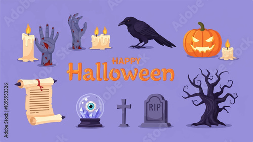 Spooky Halloween scene with a pumpkin, crow, candles, and graveyard elements