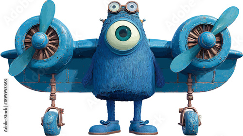 A furry blue one-eyed creature with airplane wings and goggles stands proudly with plane details