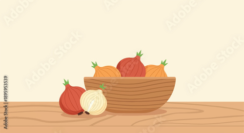Rustic wooden bowl overflowing with red and yellow onions on a table