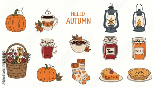 Comprehensive set of autumn illustrations includes pumpkins jam tea socks lanterns and pie for seasonal decor.